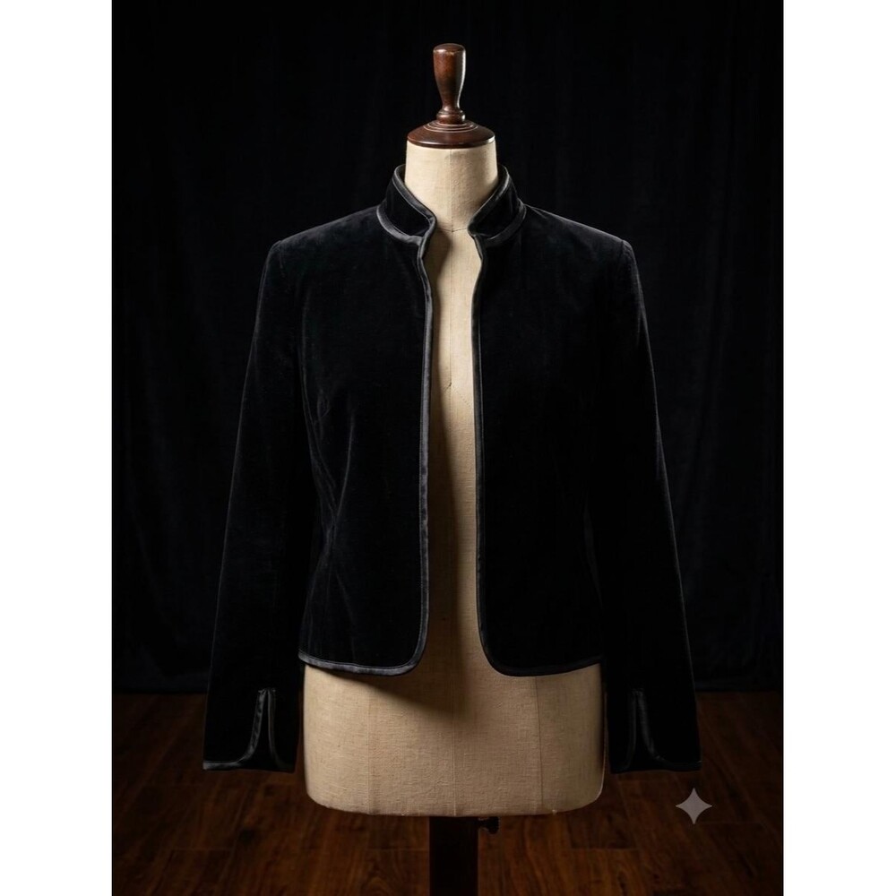 Vintage 1980s Louis Féraud Paris Black Cotton Velvet & Silk Trim Jacket (Made in